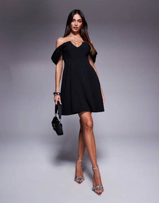 Goddiva Diamante heart trim a line mini dress in black