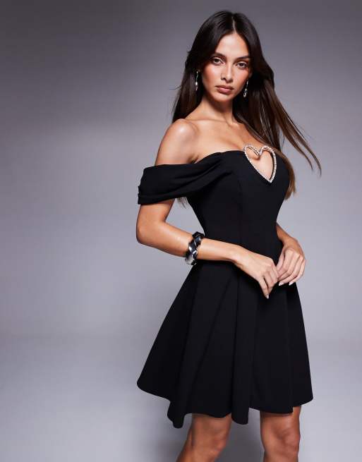 Goddiva Diamante heart trim a line mini dress in black, 4 of 4