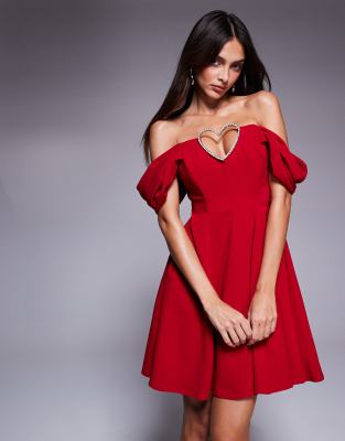 asos Goddiva Diamante heart trim a line mini dress in red