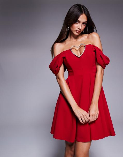 Goddiva Diamante heart trim a line mini dress in red