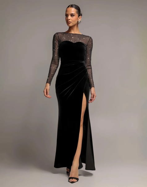 Goddiva Diamante sleeves illusion neck front wrap velvet maxi dress in black