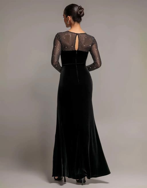 Goddiva Diamante sleeves illusion neck front wrap velvet maxi dress in black, 2 of 4