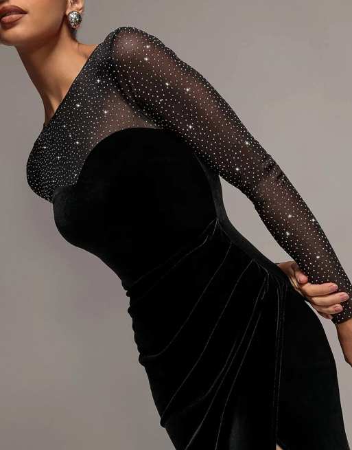 Goddiva Diamante sleeves illusion neck front wrap velvet maxi dress in black, 3 of 4
