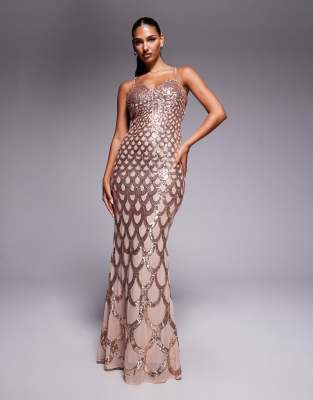 Goddiva Diamante Strap Fish Scale Sequin Maxi Dress In Gold
