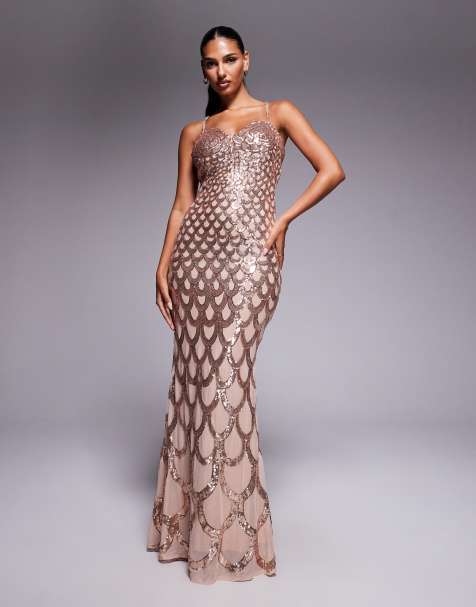 Goddiva Diamante strap fish scale sequin maxi dress in champagne