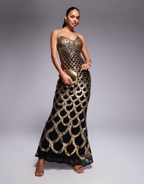 Goddiva Diamante strap fish scale sequin maxi dress in gold - view 1