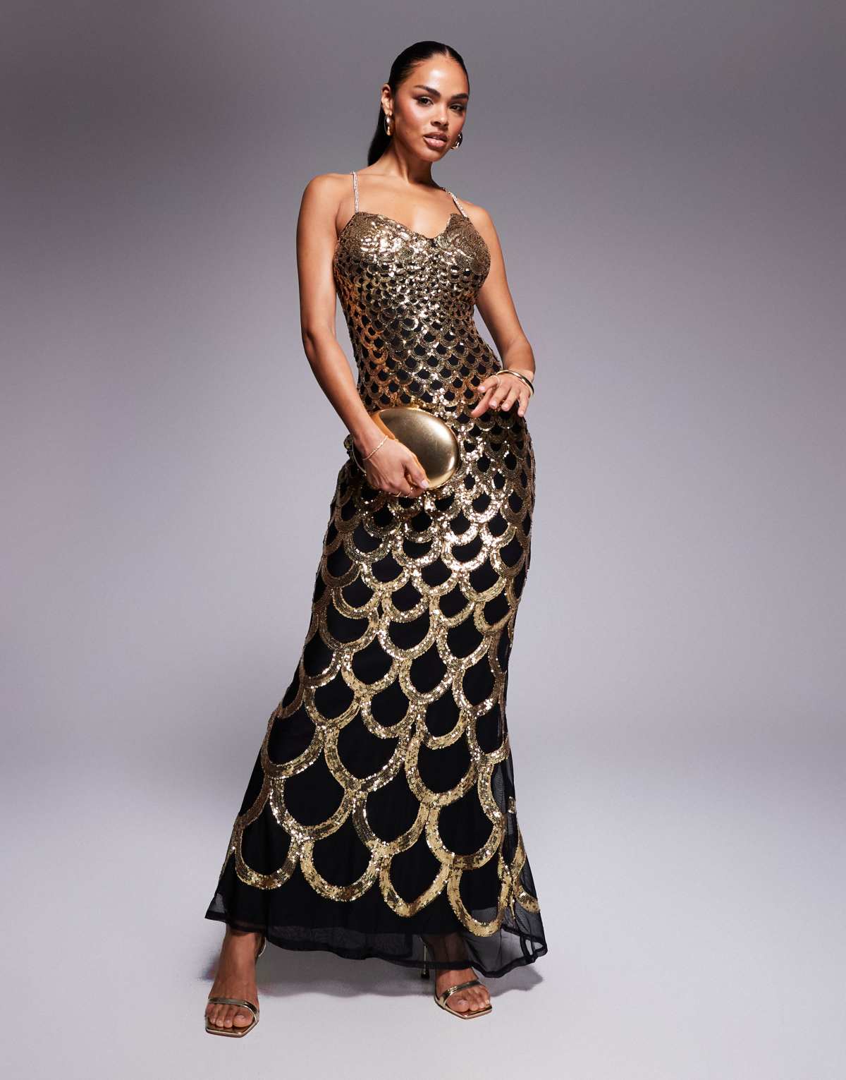 Goddiva Diamante strap fish scale sequin maxi dress in gold