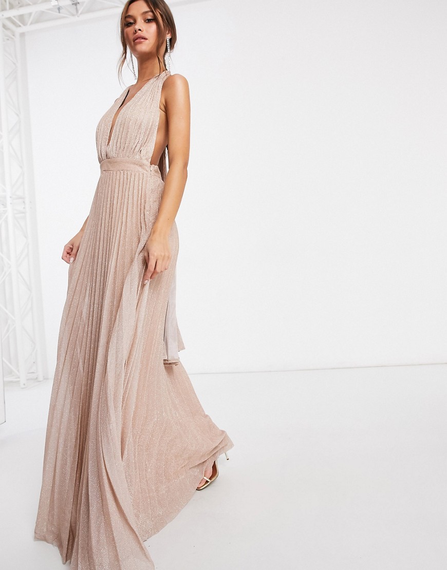 Goddiva - Diepuitgesneden geplooide lange jurk met open rug en gedrapeerde das in roségoud met glitter