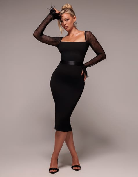Goddiva Dobby mesh feather sleeve bodycon midi dress in black