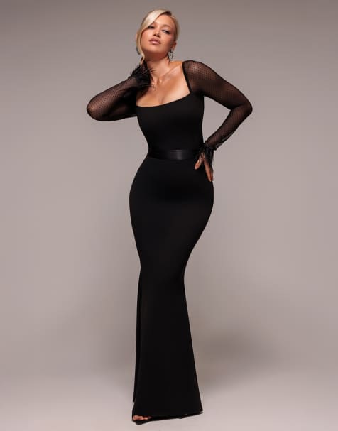 Goddiva Dobby mesh feather sleeve evening maxi dress in black - view 1