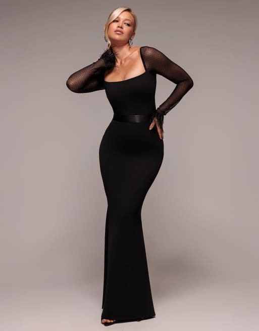 Goddiva Dobby mesh feather sleeve evening maxi dress in black