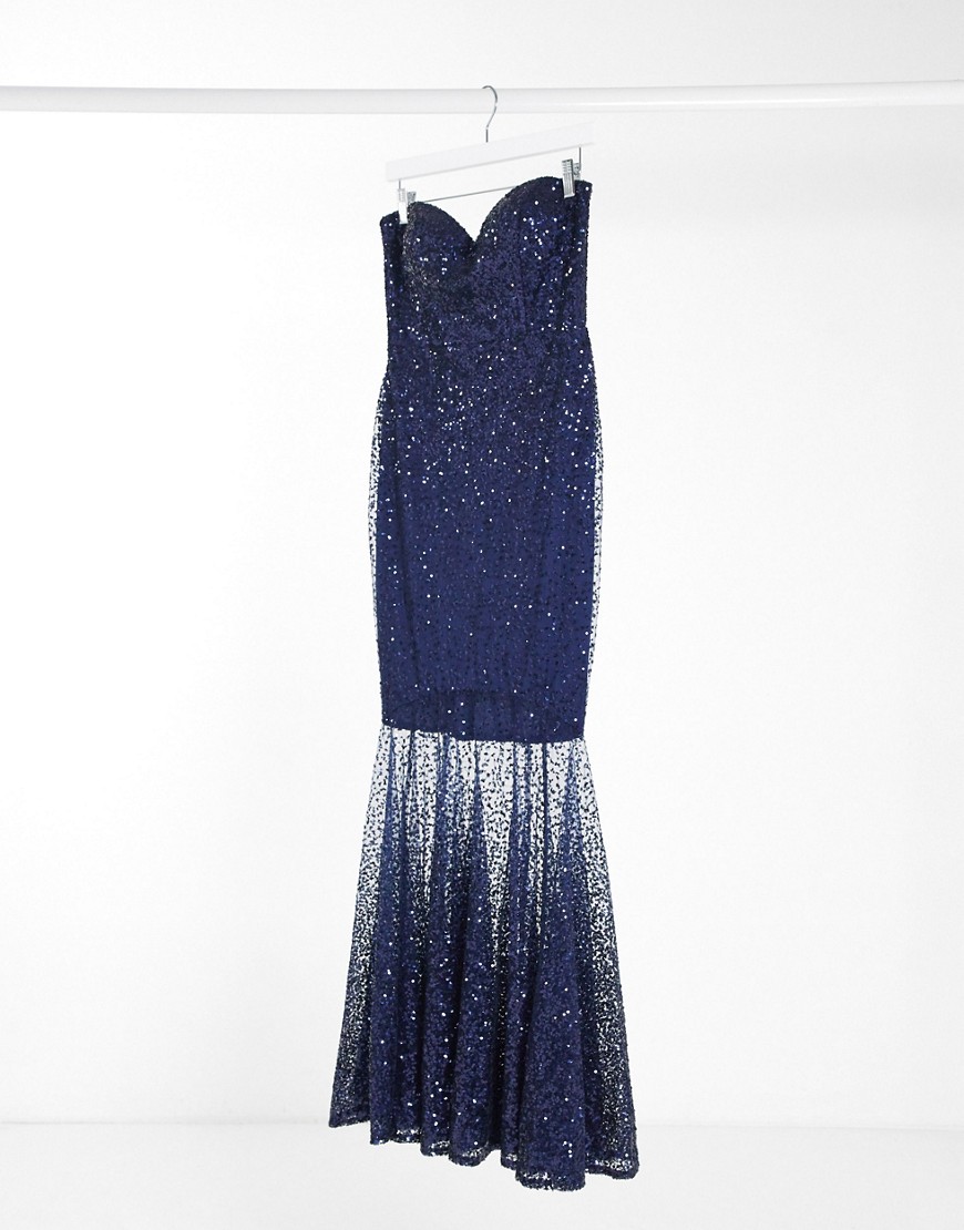 Goddiva - Doorschijnende maxi-jurk versierd met lovertjes in marineblauw