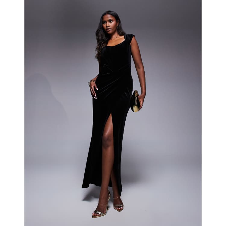 white christmas dresses Draped Shoulder Velvet Corset Midi Dress - Tealblue main image 1
