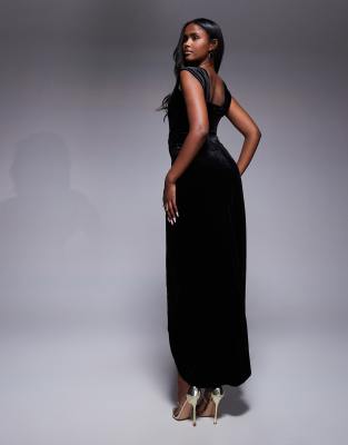 Goddiva Draped shoulder velvet corset maxi dress in black | ASOS