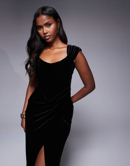 chinese dress ladies Draped Shoulder Velvet Corset Maxi Dress - Black