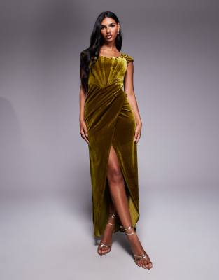 Goddiva Off The Shoulder Corset Waist Mesh Wrap Skirt Soft Touch Maxi Dress - Khaki Green