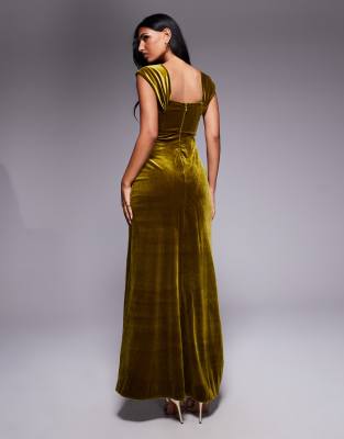 Goddiva Draped shoulder velvet corset maxi dress in olive | ASOS