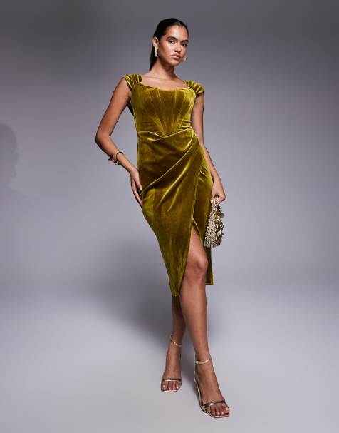 Goddiva Draped shoulder velvet corset midi dress in olive - view 1
