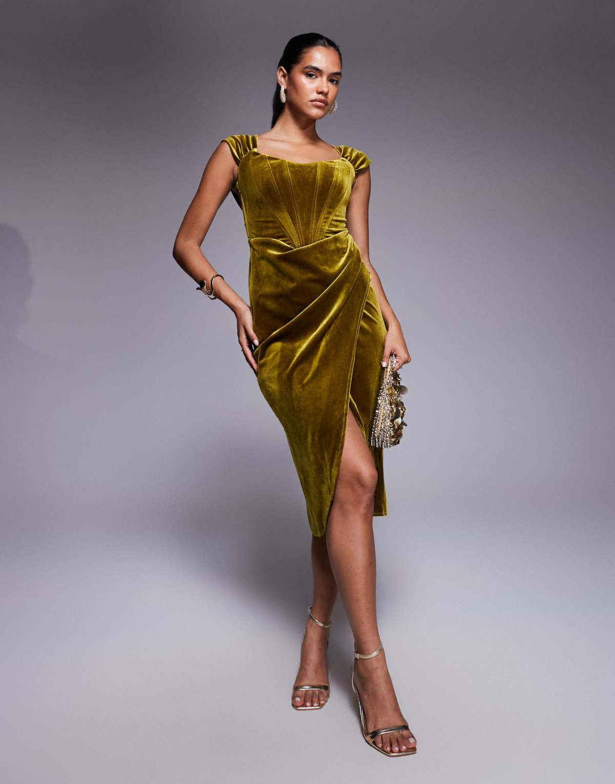 Goddiva Draped shoulder velvet corset midi dress in olive