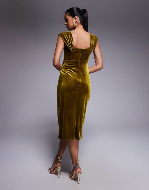 Goddiva Draped shoulder velvet corset midi dress in olive | ASOS