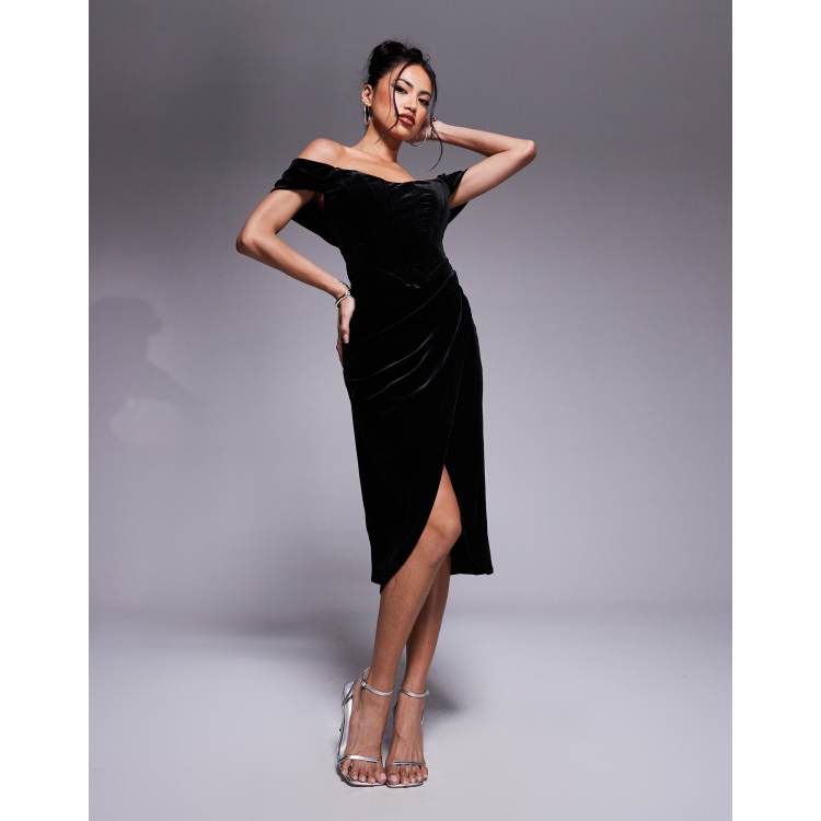 Goddiva Draped shoulder velvet corset midi in black | ASOS