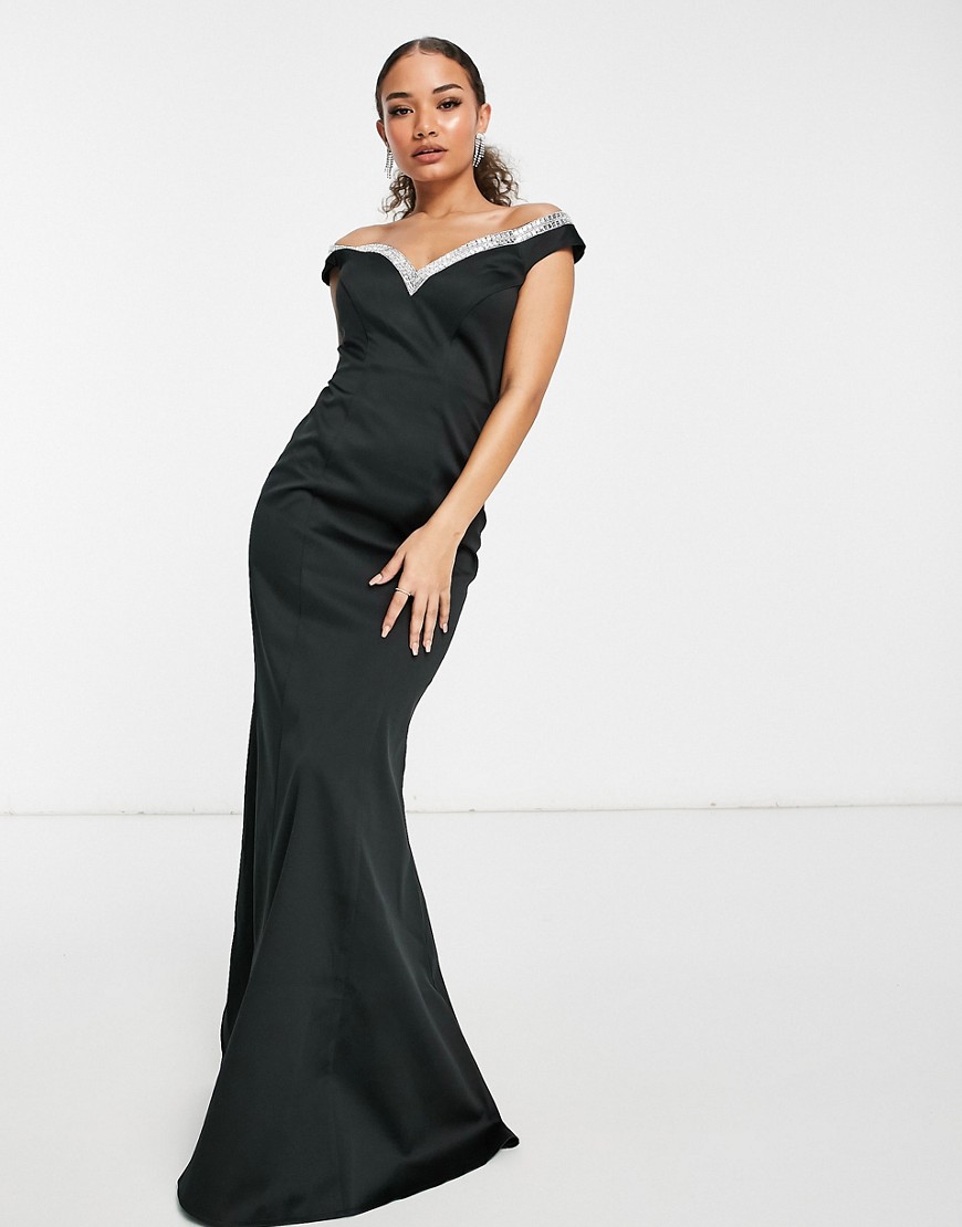 Goddiva embellished bardot fishtail maxi dress in black
