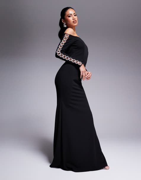 Goddiva Embellished diamante sleeve bardot maxi dress in black
