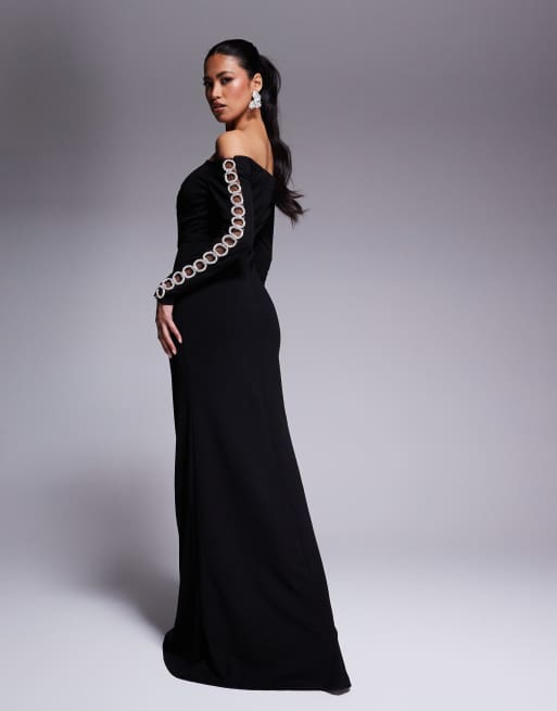 Goddiva Embellished diamante sleeve bardot maxi dress in black
