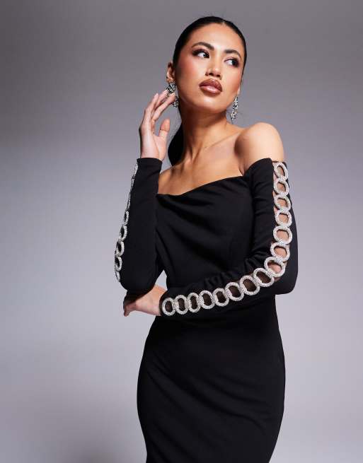 Goddiva Embellished diamante sleeve bardot maxi dress in black