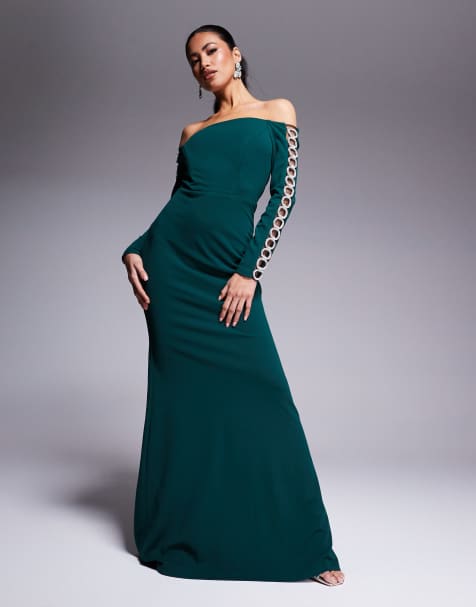 Goddiva Embellished diamante sleeve bardot maxi dress in emerald