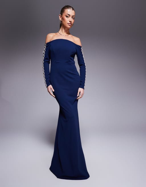Goddiva Embellished diamante sleeve bardot maxi dress in navy, 2 of 4