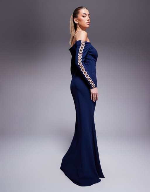 Goddiva Embellished diamante sleeve bardot maxi dress in navy, 3 of 4