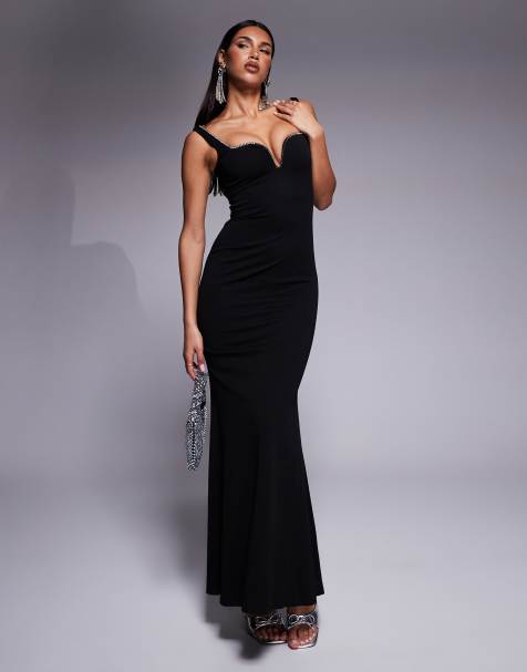Goddiva Embellished diamante trim square neck scuba maxi dress in black - view 1