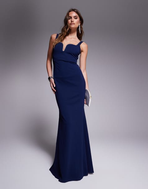 Goddiva Embellished diamante trim square neck scuba maxi dress in navy - view 1