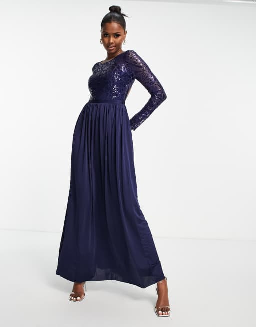 Goddiva embellished long sleeved maxi dress in navy | ASOS