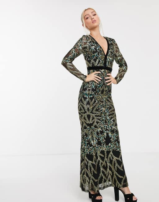 Goddiva embellished plunge neck maxi dress in emerald green