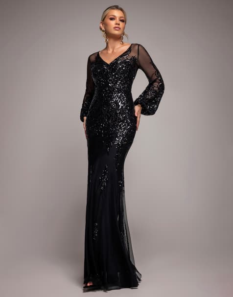 Goddiva Embellished sequin bishop sleeve maxi dress in black