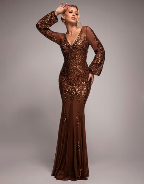 Goddiva Embellished sequin bishop sleeve maxi dress in bronze