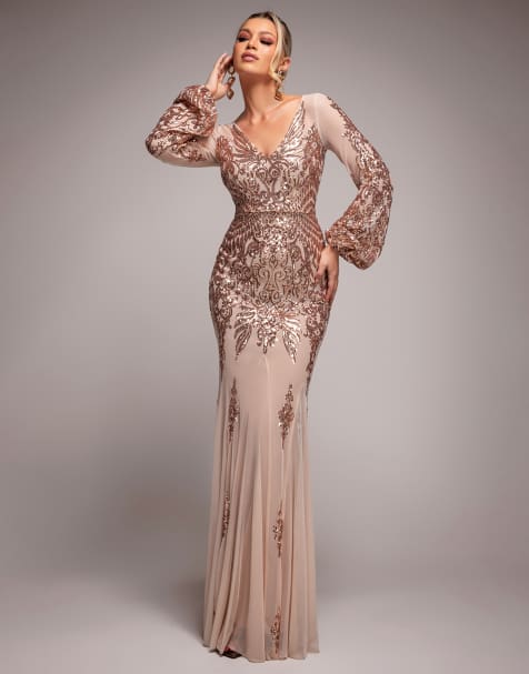 Goddiva Embellished sequin bishop sleeve maxi dress in champagne