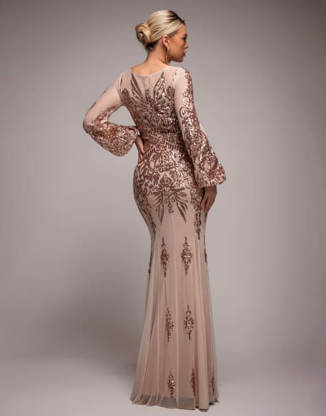 cult gaia mara dress gold Final Sale Plus Size One Bell Sleeve BodyCon Dress in Black and Gold Print