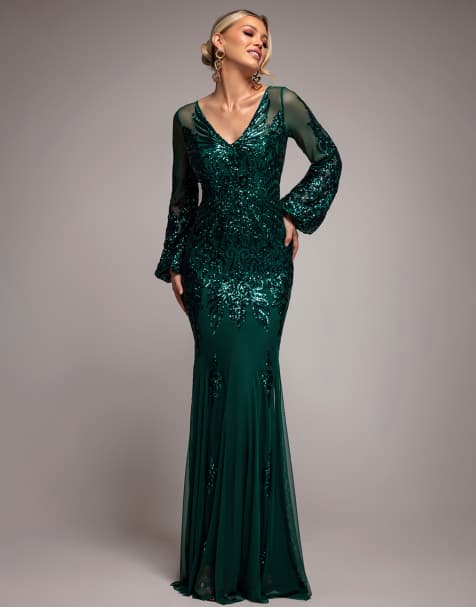 Goddiva Embellished sequin bishop sleeve maxi dress in emeraldgreen