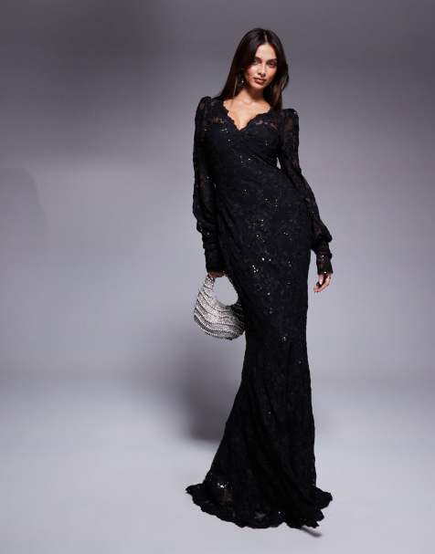 Goddiva Embroidered lace scalloped edge maxi dress in black