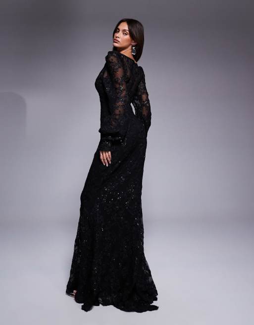 chinese dress ladies Scalloped Lace Maxi Dress - Black