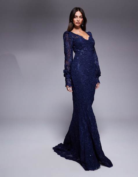 Goddiva Embroidered lace scalloped edge maxi dress in navy