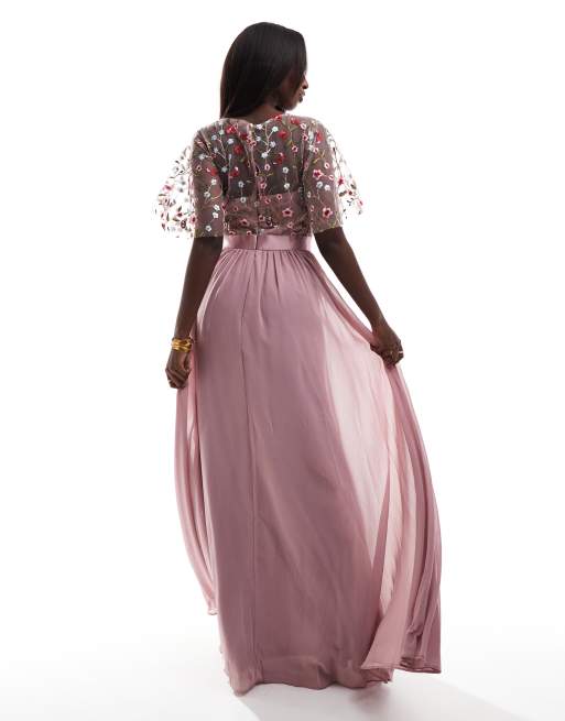 open lace back dress One Shoulder Pleated Fan Maxi Dress - Blush Pink