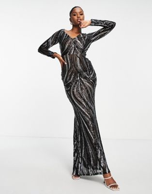Goddiva embroidered off shoulder long sleeved maxi dress in black and silver