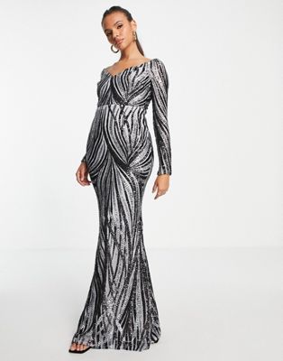 Goddiva embroidered off shoulder long sleeved maxi dress in grey and black