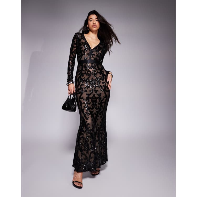 Goddiva Embroidered sequin & mesh maxi dress in black | ASOS