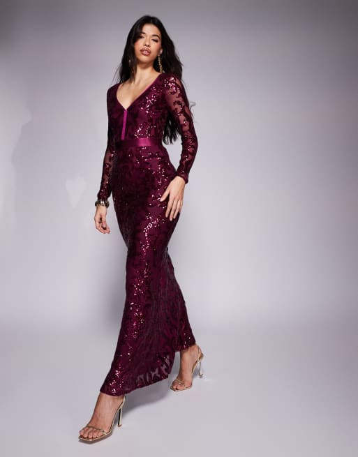 Goddiva Embroidered sequin & mesh maxi dress in burgundy | ASOS