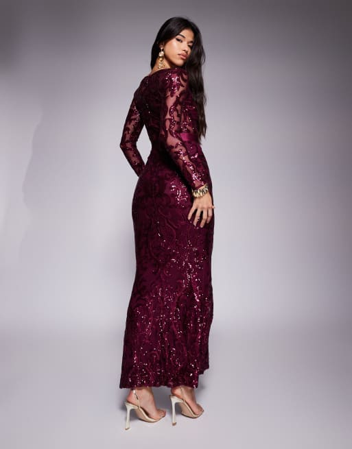 sachin and babi light blue dress Goddiva Embroidered sequin & mesh maxi dress in burgundy